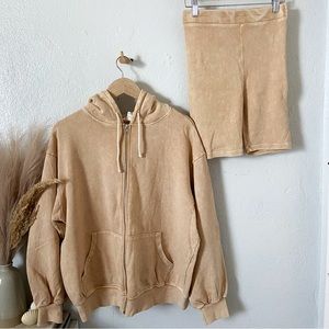 Tan beige zip up sweater and biker short set